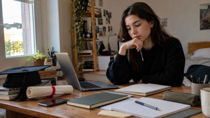Young woman sitting at a desk with a laptop, graduation cap, diploma, and study materials.