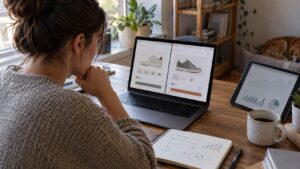 Online store owner comparing competitor product pages and sales analytics on a laptop and tablet.