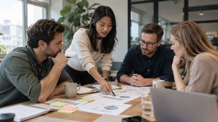Business team analyzing market research charts and data.
