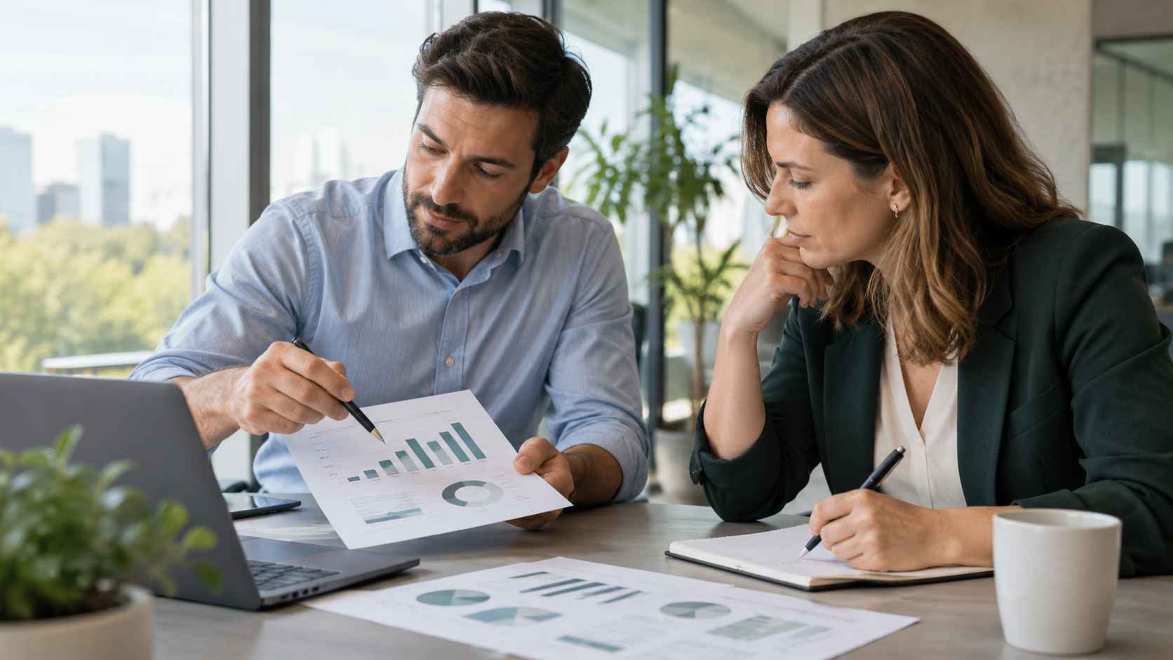 Two business professionals reviewing research data and charts before making a decision.
