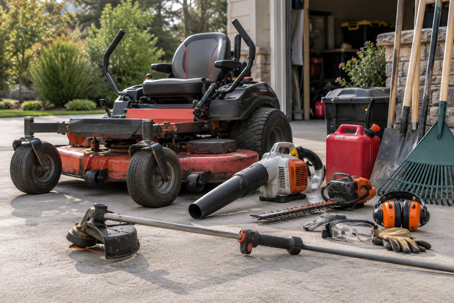 Commercial lawn mower, leaf blower, string trimmer and landscaping tools outside a garage.