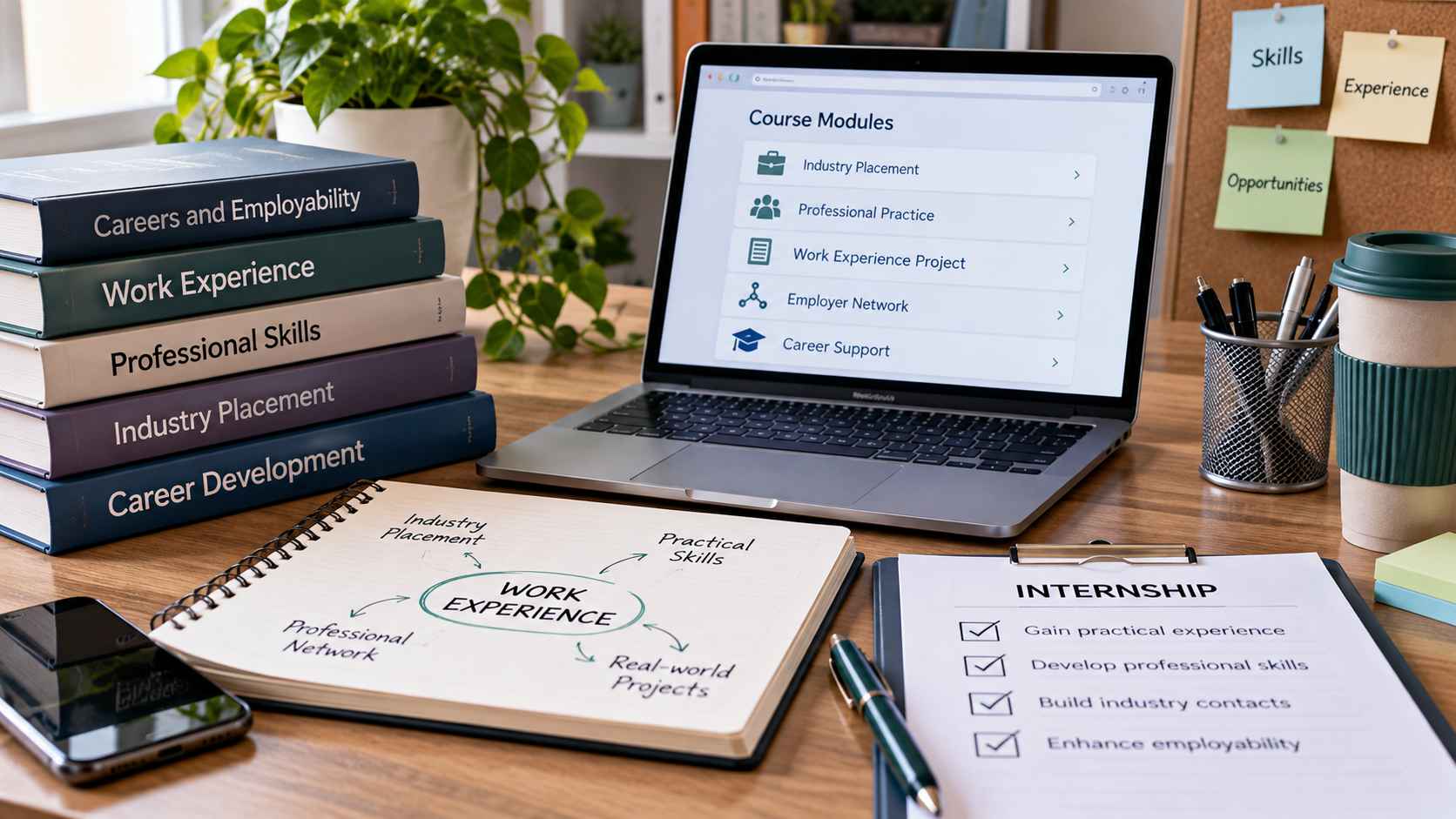 Desk with a laptop displaying course modules, work experience books, internship checklist, and career planning notes.