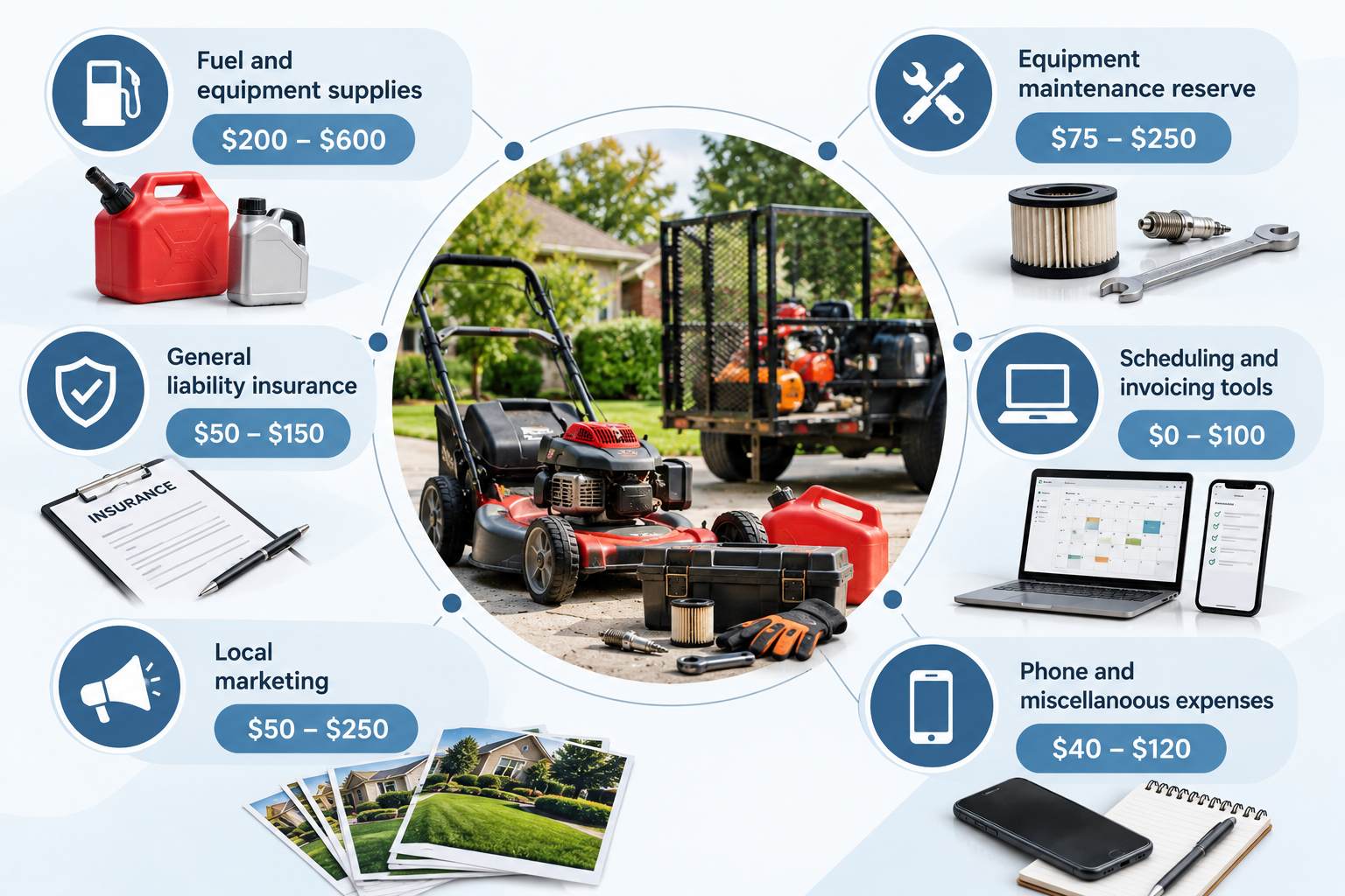 Infographic showing six monthly landscaping business expenses with estimated costs.