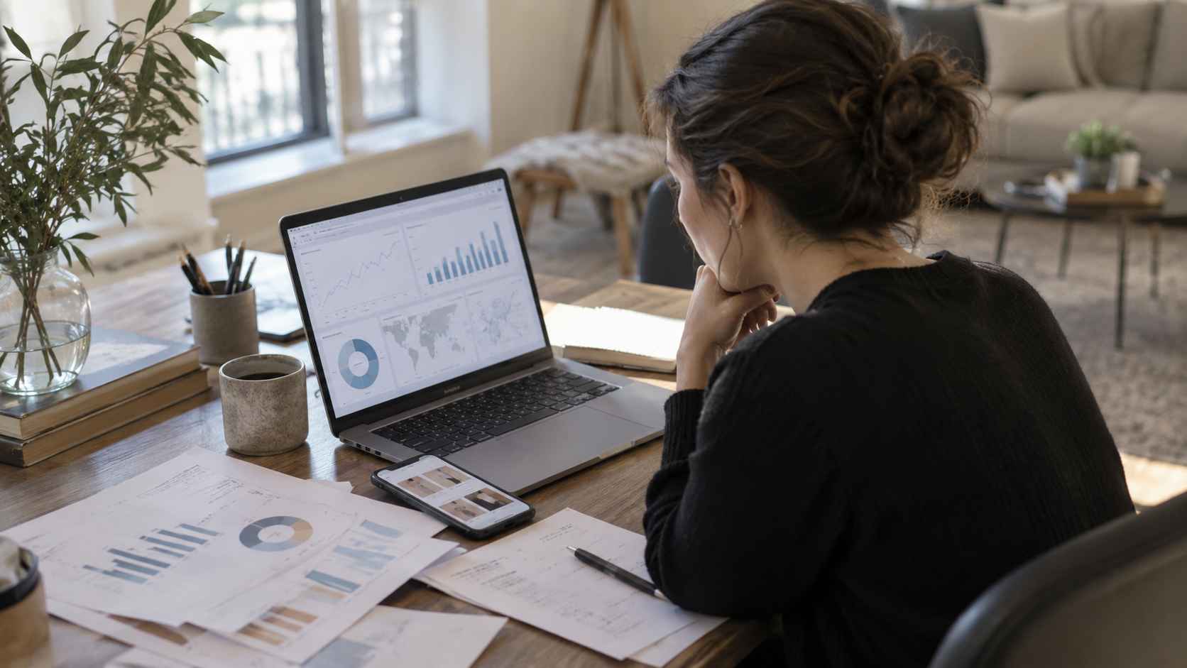 Woman analyzing customer behavior data on a laptop and printed reports.