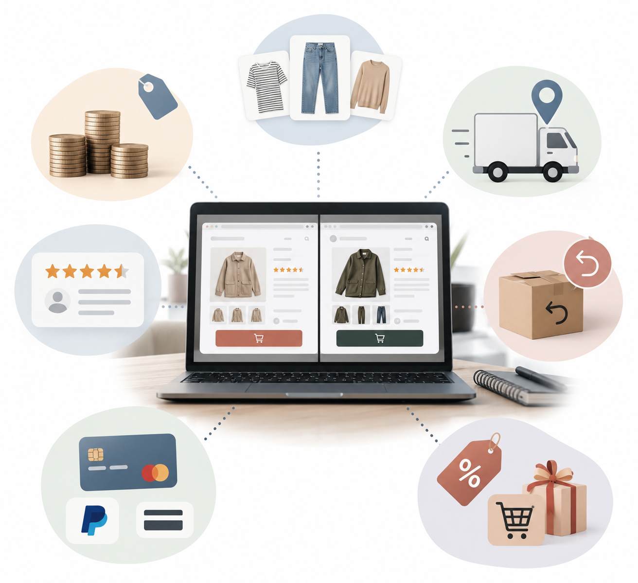 Infographic comparing online stores by product selection, pricing, shipping, returns, reviews, payment options, and promotions.