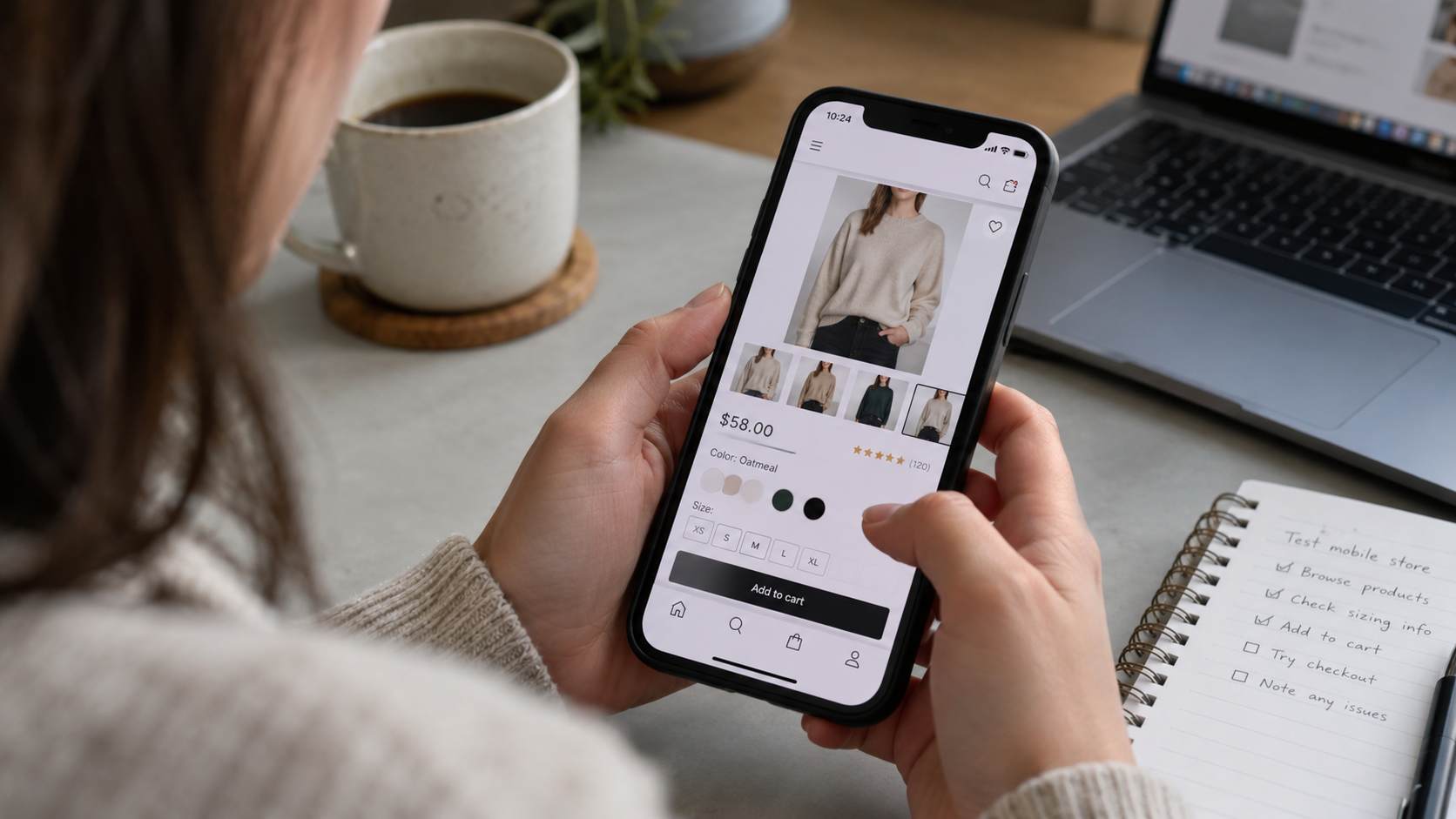 Woman testing an ecommerce product page on a smartphone, checking size options and the add-to-cart button.