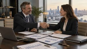 Business buyer and seller shaking hands across a table with financial reports and contracts during a company sale.