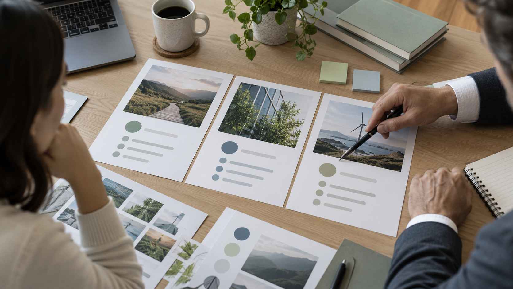 Business team comparing three strategic options using printed research materials.