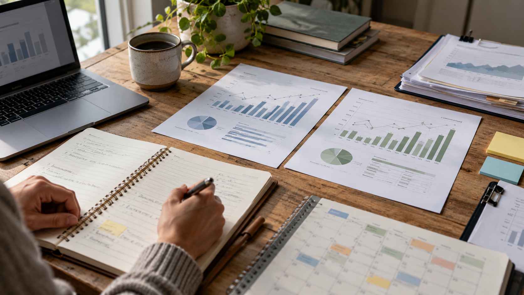 Business reports, charts and notes used to compare statistical findings.