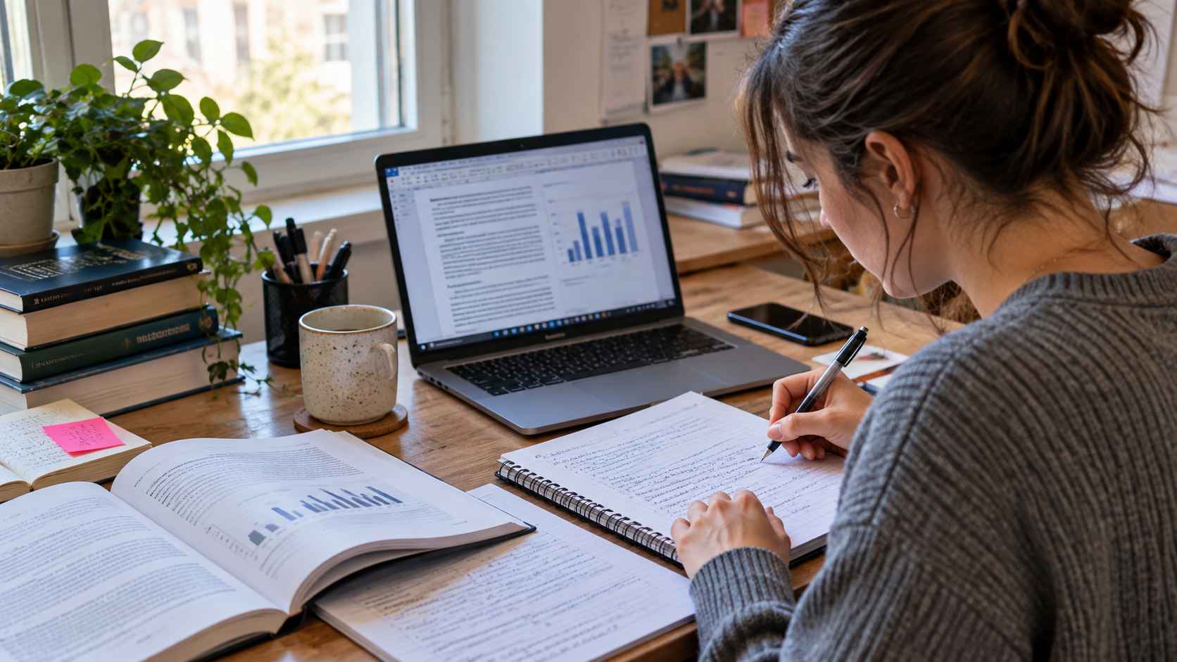Postgraduate student writing research notes beside a laptop displaying dissertation text and data charts.