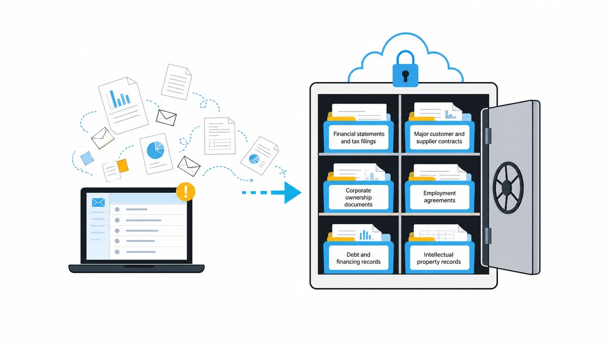 Messy inbox feeding documents into labeled folders inside a secure data room
