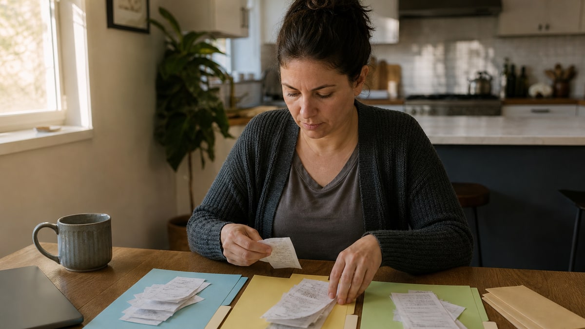 Business owner sorting receipts into blank folders at a kitchen table