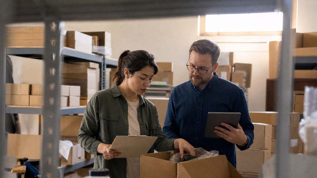 Buyer opens an unlabeled box while an adviser observes in a fulfillment room