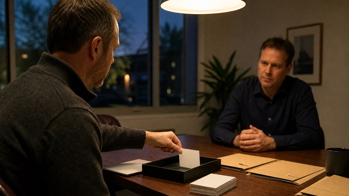 Broker sorting blank buyer cards and folders in a private meeting room