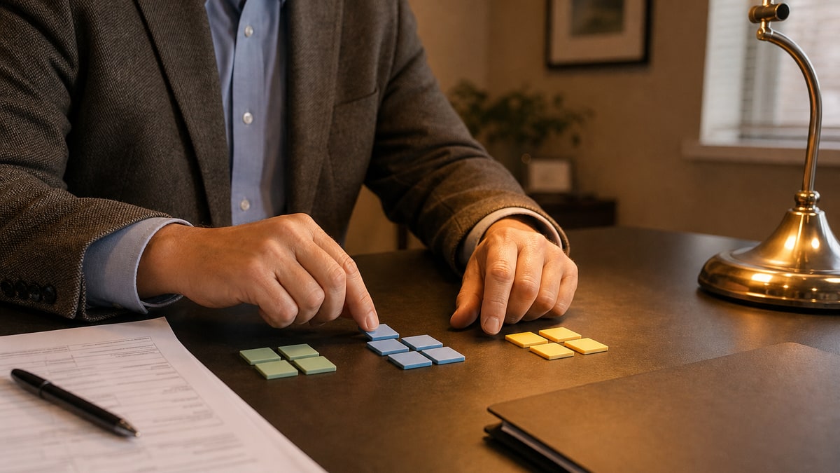 Hands arrange blank colored tiles beside a blurred tax form on a small office table