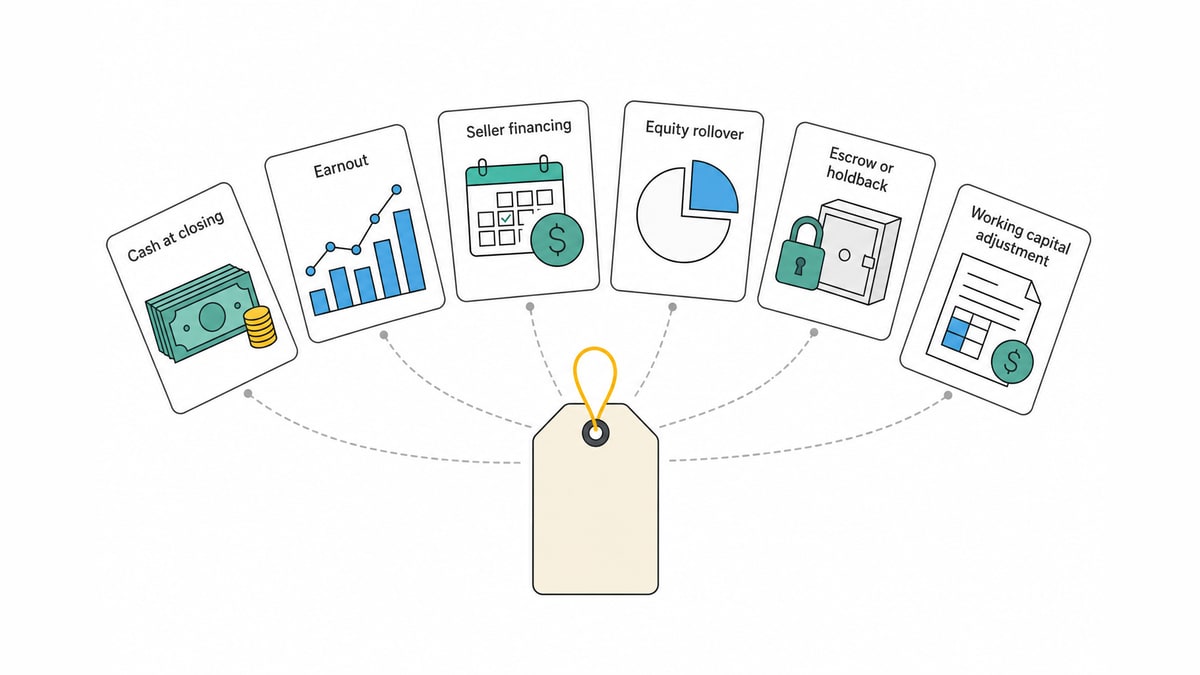 Fan of labeled offer cards around a business sale tag, each showing a different deal term