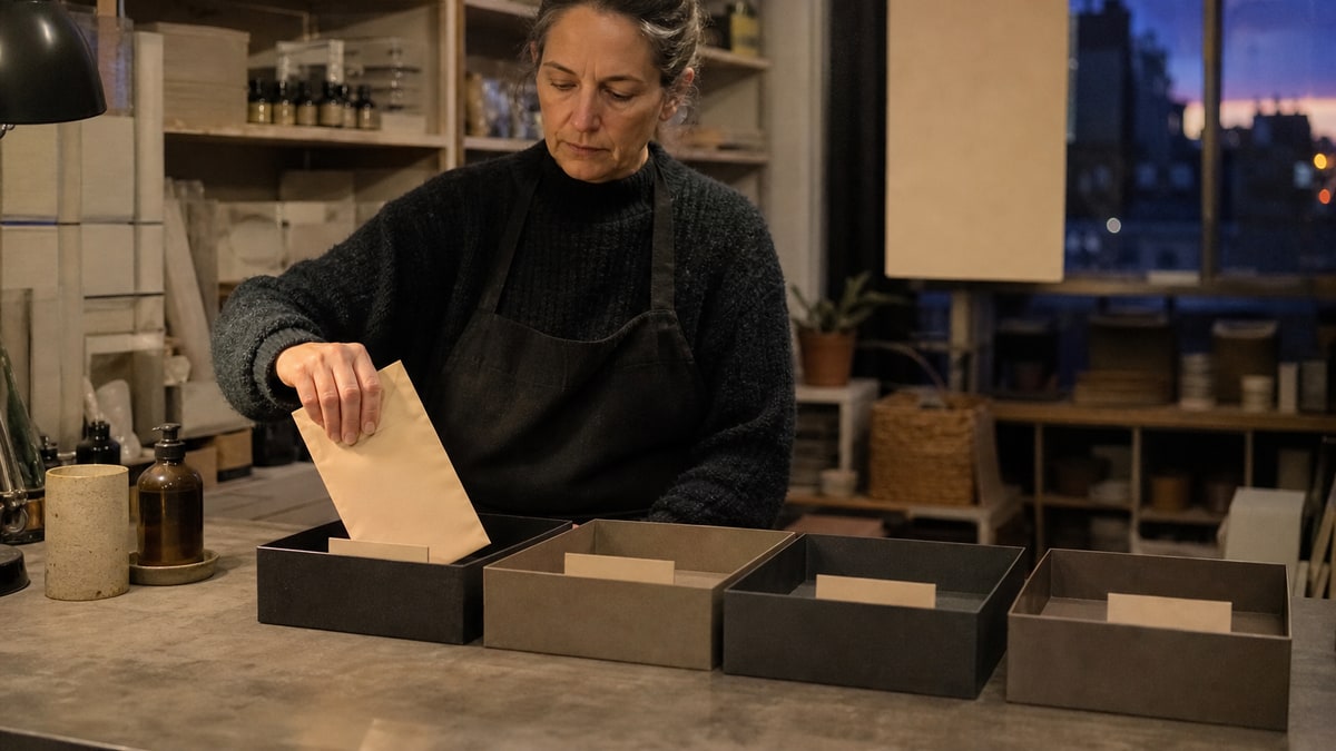 Owner places a sealed envelope into a tray on a studio counter with a blank sale tag behind