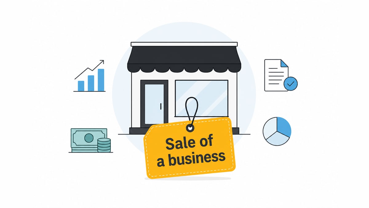 Generic storefront icon with a hanging tag labeled Sale of a business