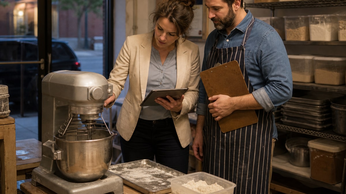 Appraiser reviews bakery equipment with an owner after closing